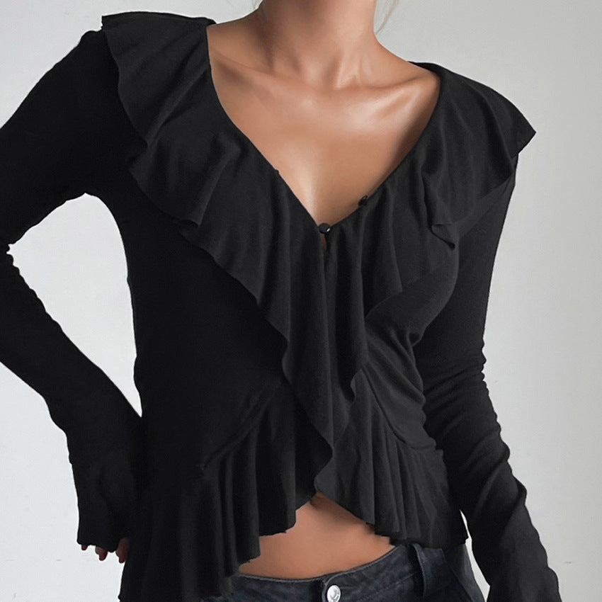 Damen Rüschenbluse mit verführerischem V-Ausschnitt und elastischem Saum WW