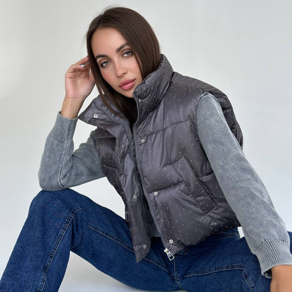 Damen Steppweste mit modischen Akzenten und hohen Kragen WW