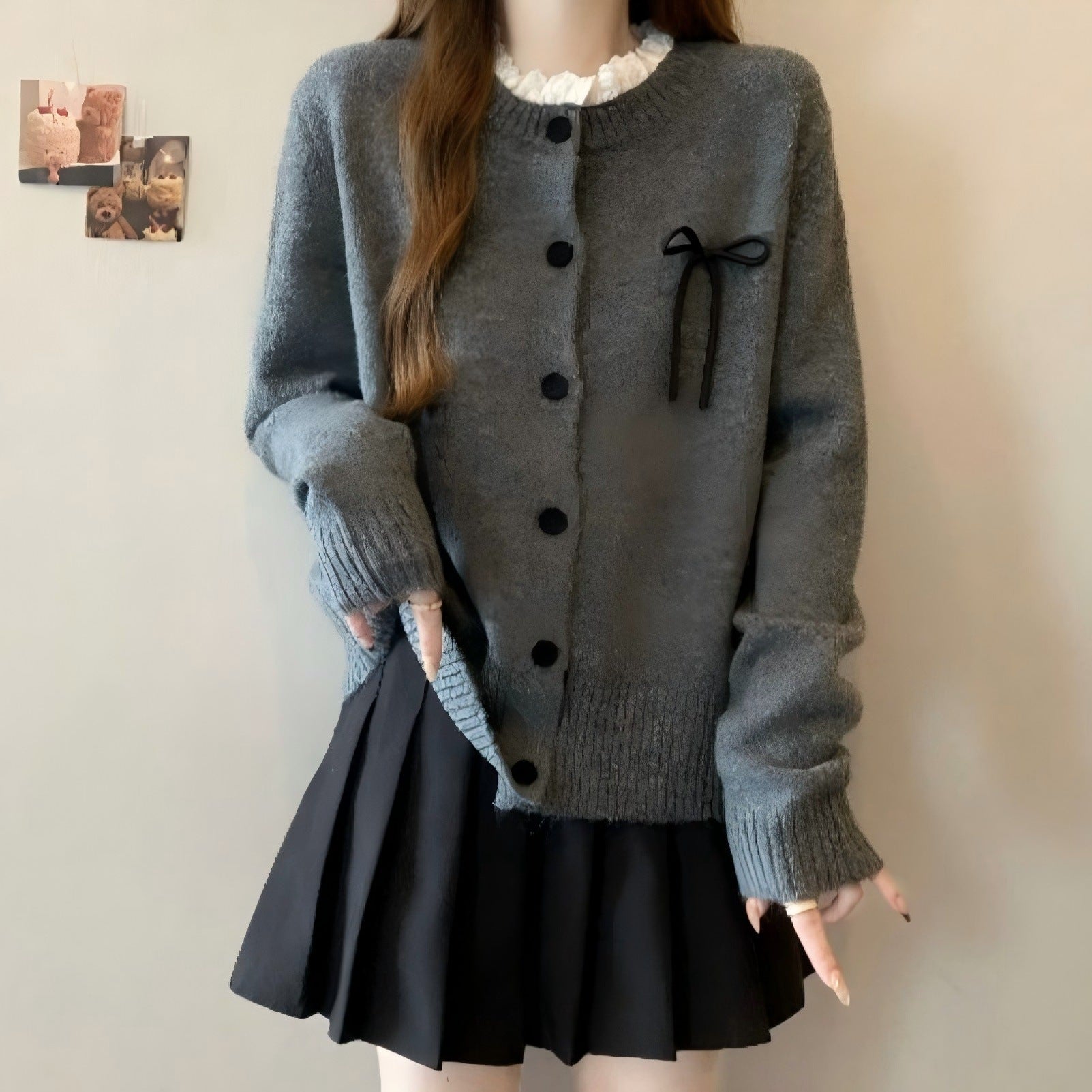 Damen bequeme Strickjacke mit dekorativen Knöpfen und Schleifenakzenten WW