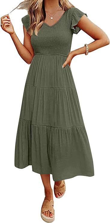 Damen Viskose Maxikleid mit voluminösen Rüschendetails und elastischem Taillenzug WW