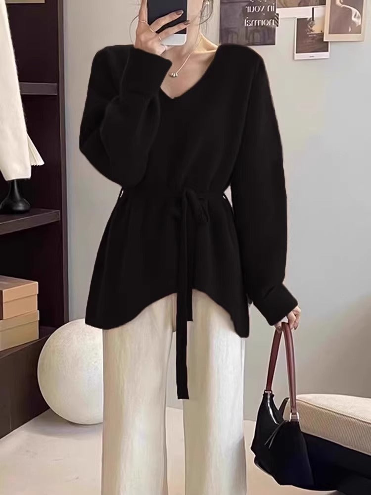 Damen Strickpullover mit V-Ausschnitt und Taillengürtel WW