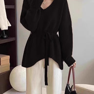 Damen Strickpullover mit V-Ausschnitt und Taillengürtel WW