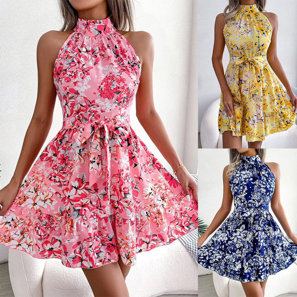 Damen Blumenmuster Kleid mit hochgeschlossenem Design und schwingendem Rock WW
