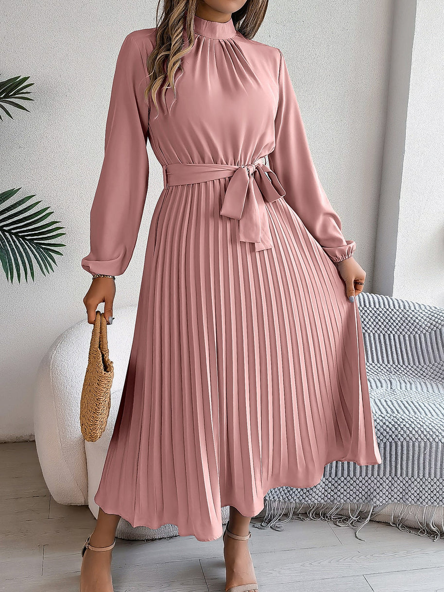 WW | Elegante Stehkragen Taillierter Plissierter Langer Rock kleines Kleid