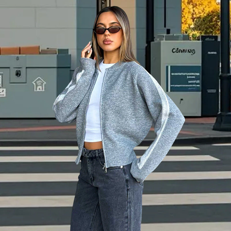 Damen sportlicher Strickpullover mit modischem Streifenmuster WW