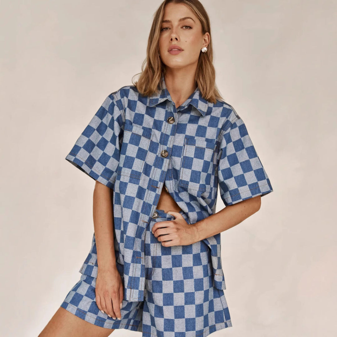 Damen Karierter Hemden-Set aus Denim W&W Mode
