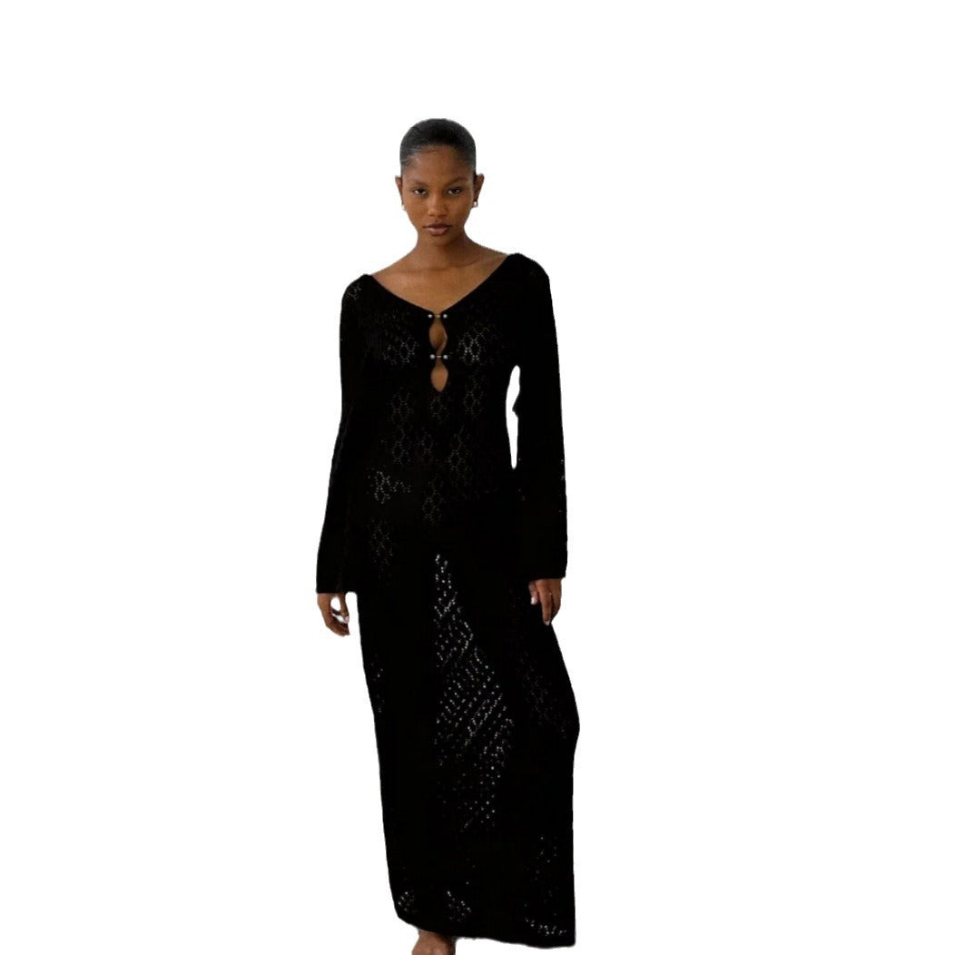 Damen Strick-Maxikleid mit tiefem V-Ausschnitt und modischen Rüschendetails WW