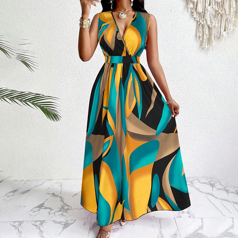 Damen Elegantes Maxikleid mit modernem, farbenprächtigen Design und tiefem V-Ausschnitt WW
