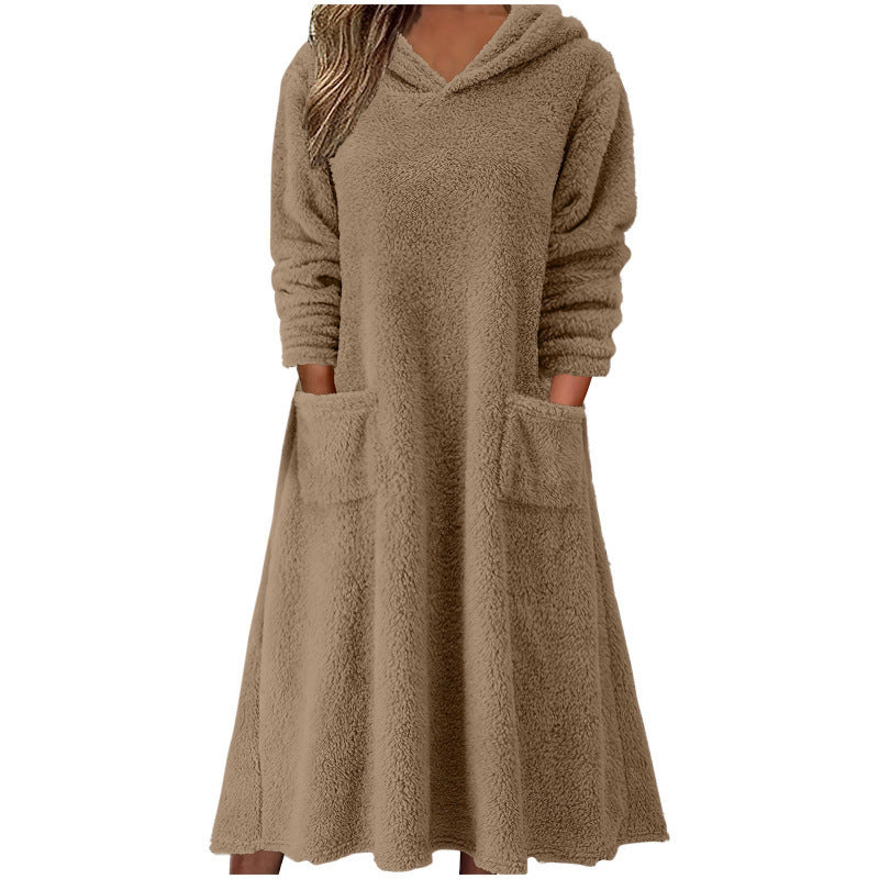 Damen Kuscheliger Fleece-Kleid mit Kapuze und praktischen Taschen WW
