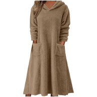 Damen Kuscheliger Fleece-Kleid mit Kapuze und praktischen Taschen WW