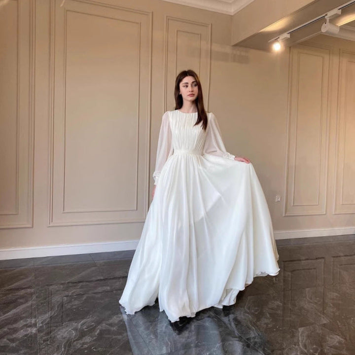 W&W Mode | Durchsichtiges Weißes Hochzeitskleid Rundhalsausschnitt Lange Ärmel Kleid