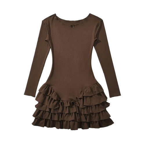 Damen Rüschens Mini-Kleid mit langen Ärmeln und ausgestelltem Saum WW