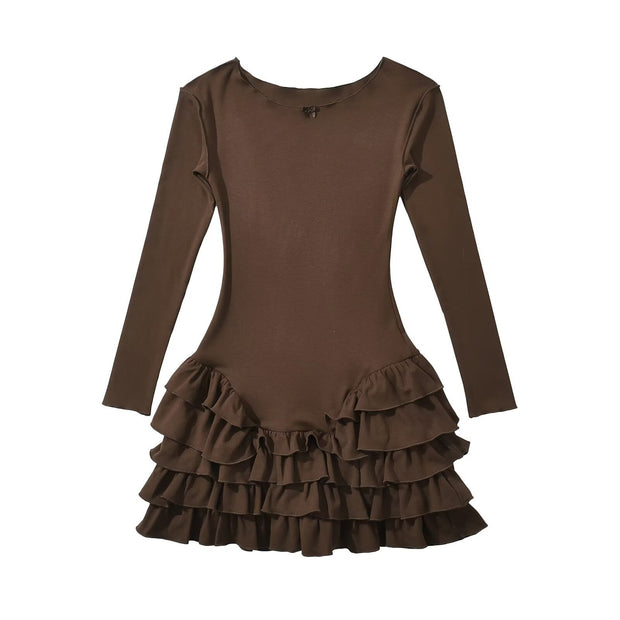 Damen Rüschens Mini-Kleid mit langen Ärmeln und ausgestelltem Saum WW