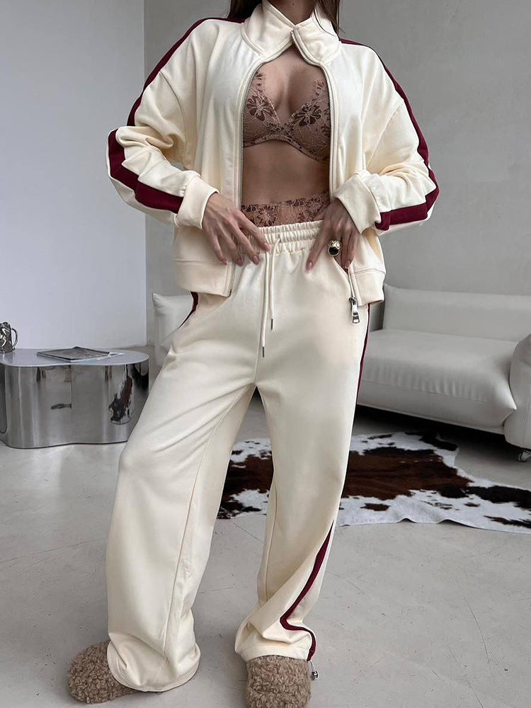 Damen sportlicher Fleece-Jogginganzug mit hohem Kragen und seitlichen Nähten WW