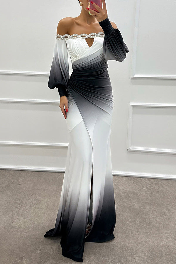 Damen Off-Shoulder Abendkleid mit drapierter Taille und funkelnden Applikationen WW