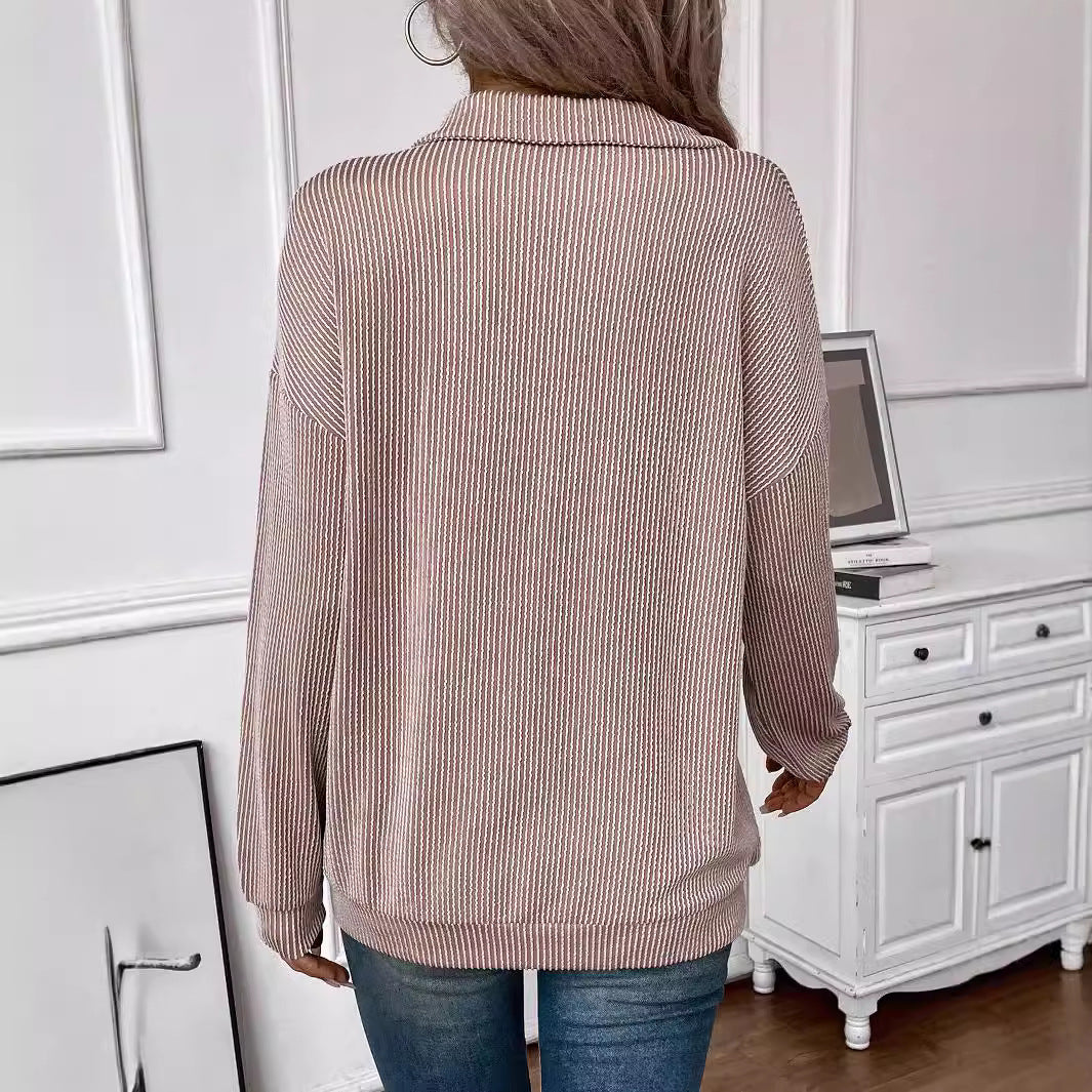 Damen lässiger Pullover mit Reißverschluss und gestreiftem Design W&W Mode