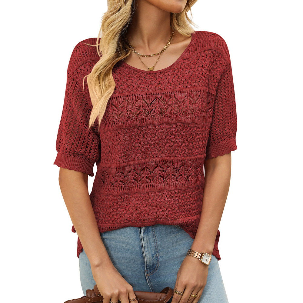 W&W Mode | Eleganter Rundhals Hohler Kurzarm Pullover Top
