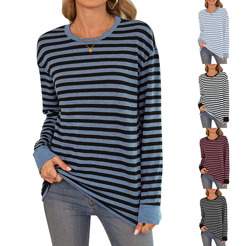 Damen bequemes Langarmshirt mit gestreiftem Design und Rundhalsausschnitt WW