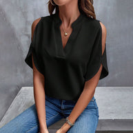 Damen Kurzarmbluse mit elegantem V-Ausschnitt und luftigen Schmetterlingsärmeln W&W
