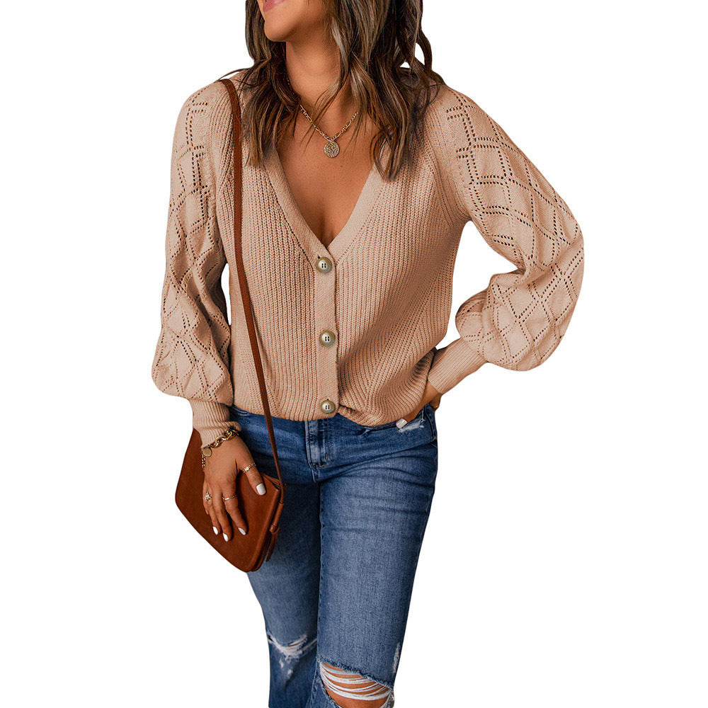 Damen Strickjacke mit V-Ausschnitt und Puffärmeln WW