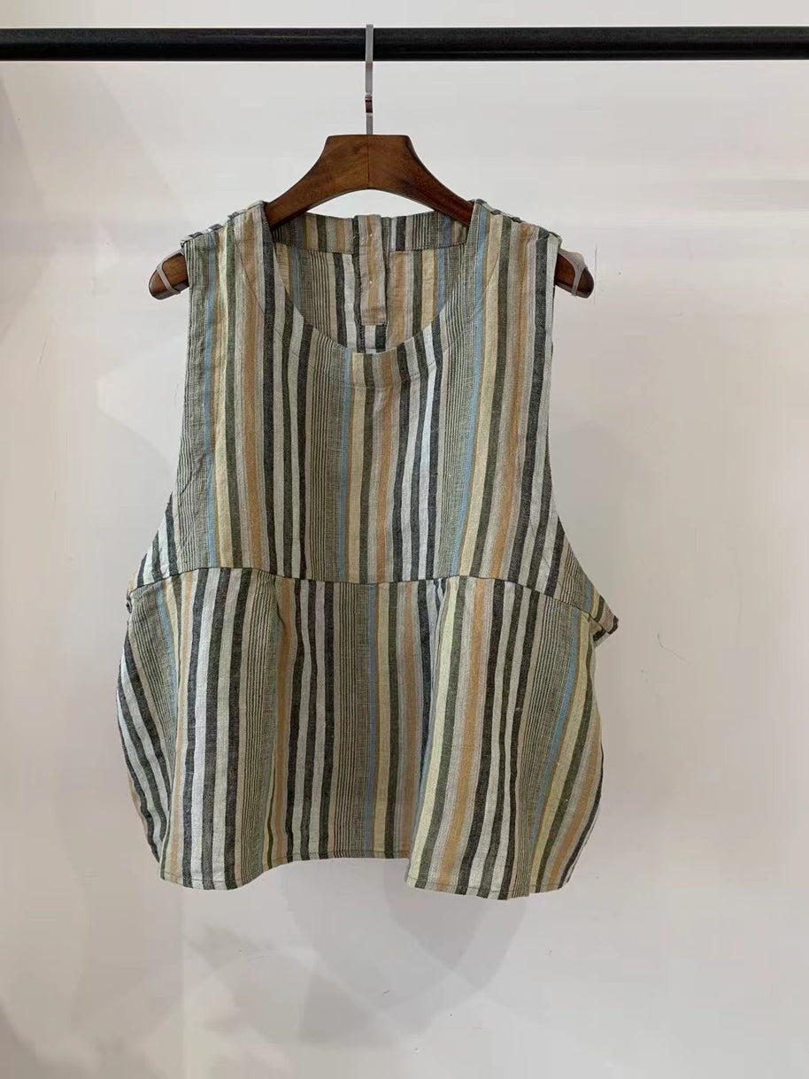 Damen Relaxed Fit Ärmelloses Leinenoberteil mit Seitentaschen WW