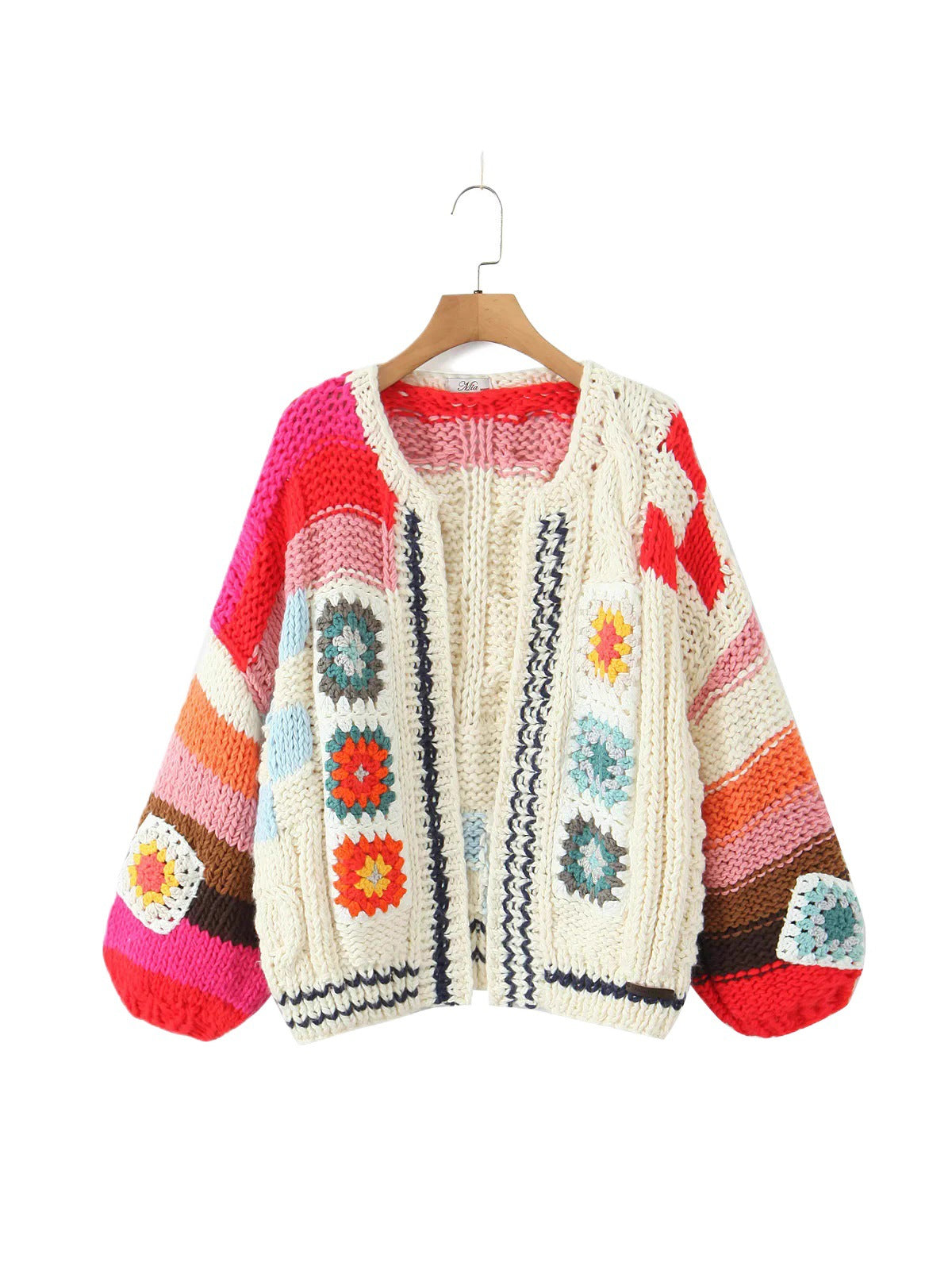 Damen Strickjacke im kreativen Patchwork-Design mit weitem Schnitt WW