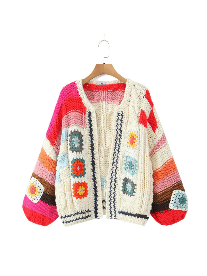 Damen Strickjacke im kreativen Patchwork-Design mit weitem Schnitt W&W Mode