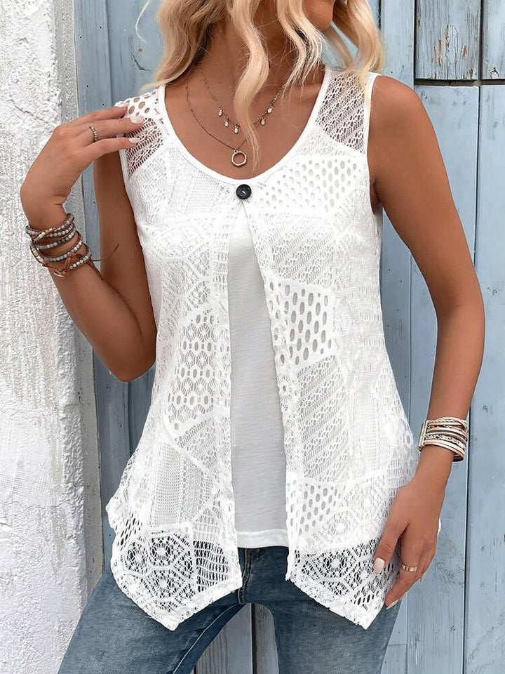 Damen Ärmelloses Spitzen-Tunika-Shirt mit modischem Knopfverschluss W&W Mode