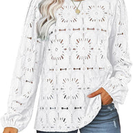 Damen Stilvolles Blusenshirt mit floralem Lochmuster und weiten Ärmeln WW