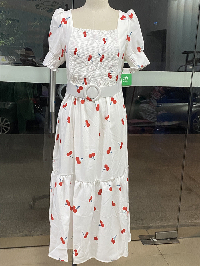 WW | Bedrucktes, taillenbetontes U-Ausschnitt Elegantes Kleid