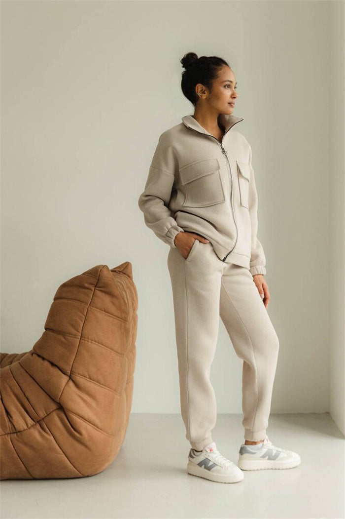 Damen bequeme Fleece-Jacke mit hohem Kragen und praktischen Taschen WW