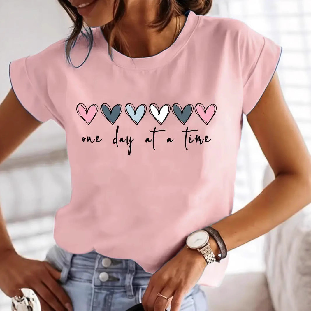 Damen Casual Grafik T-Shirt mit Herzdesign und inspirierendem Zitat WW