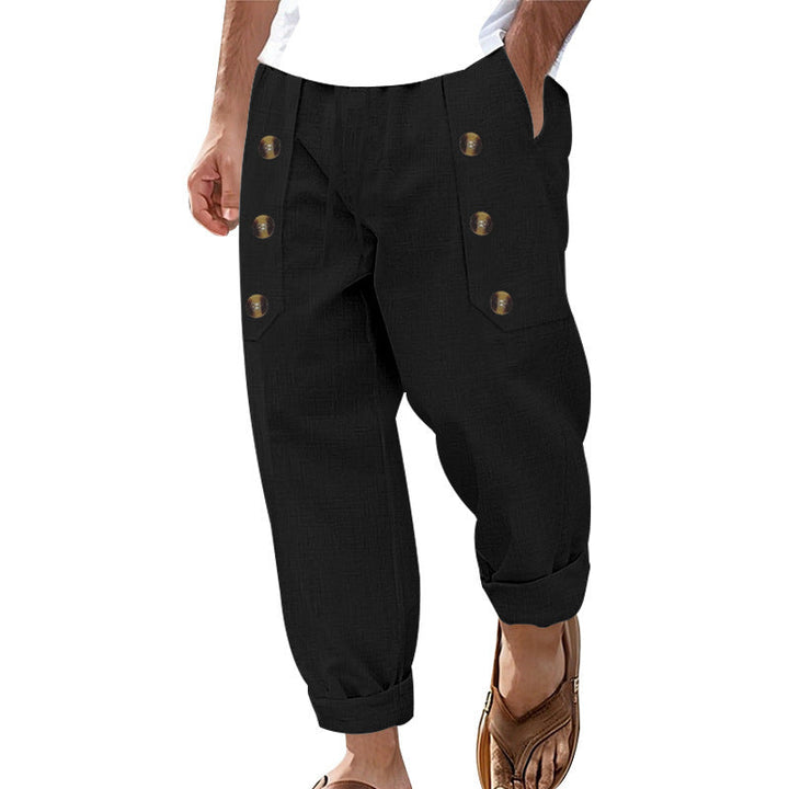 Herren Bequeme Leinenhose mit seitlichen Knöpfen und elastischem Bund W&W Mode