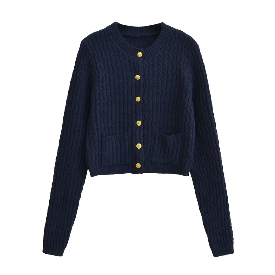 Damen Strickjacke mit strukturiertem Design und goldenen Knöpfen WW