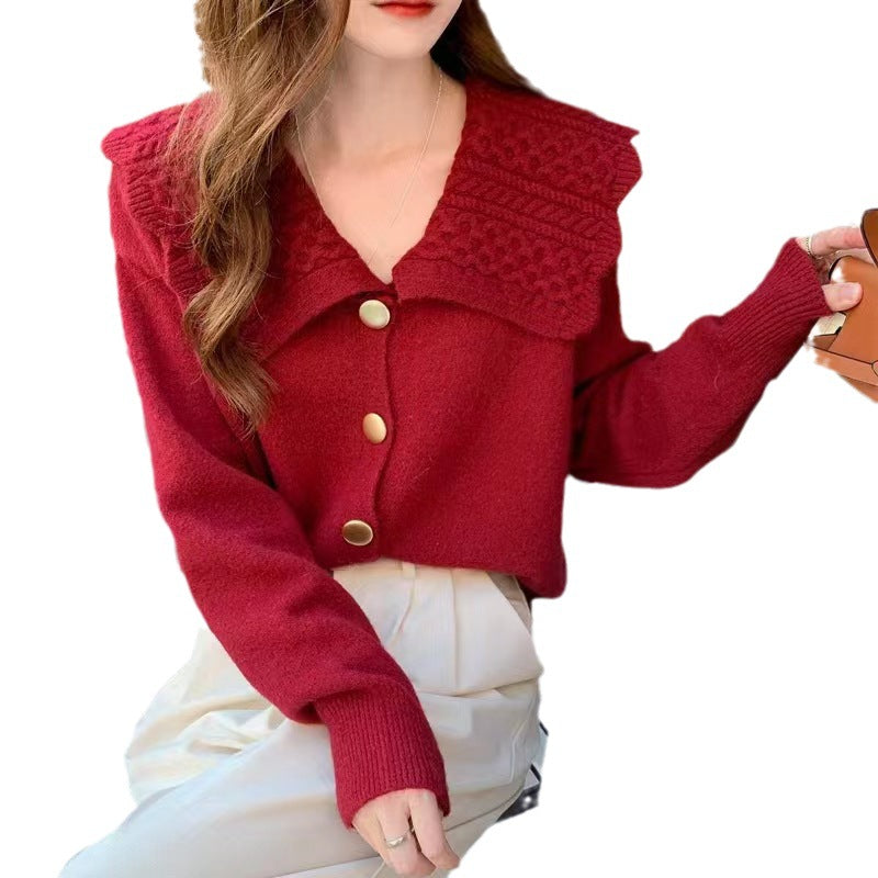 Damen Strickjacke mit breitem Kragen und dekorativen Knöpfen WW