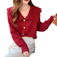 Damen Strickjacke mit breitem Kragen und dekorativen Knöpfen WW