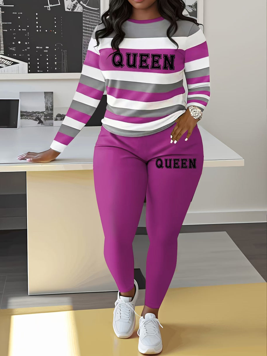Damen Sportliches Zweiteiler-Set mit gestreiftem Oberteil und leggings WW