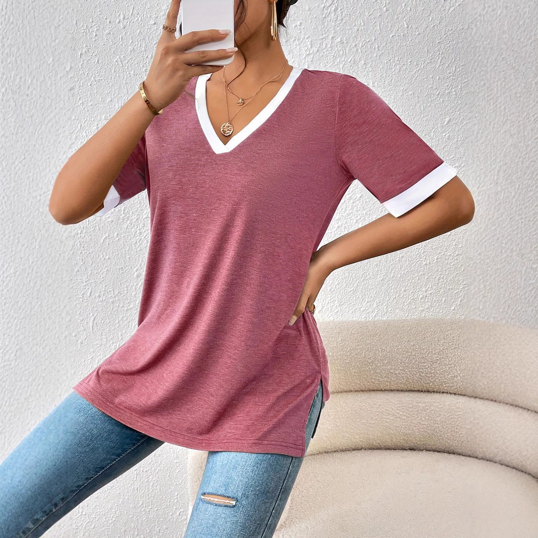 Damen V-Ausschnitt Shirt mit Kontrastärmeln und bequemer Passform W&W Mode