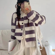 Damen Strickjacke mit Druckknopfverschluss und breiten Streifen WW