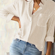 Damen gestreifte Bluse mit lockerer Passform und praktischer Brusttasche WW