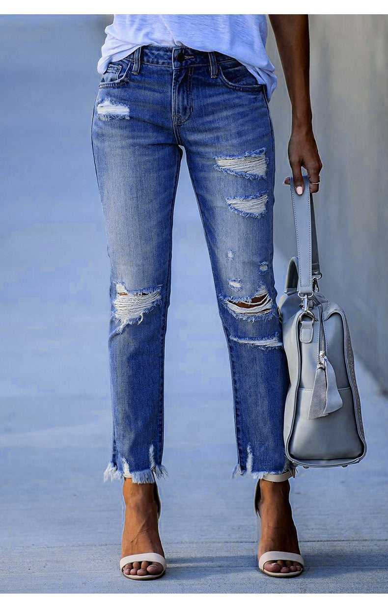 Damen Ripped High-Waist Jeans mit fransigem Saum und modischen Destroyed-Details WW