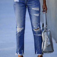 Damen Ripped High-Waist Jeans mit fransigem Saum und modischen Destroyed-Details WW
