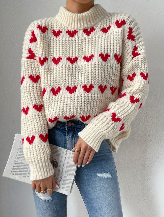 W&W Mode Halb Hochkragen Locker Passform Liebesherz Jacquard Strickpullover