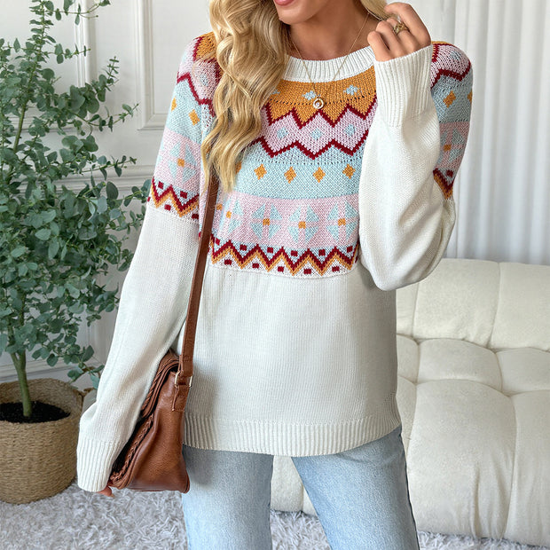 Damen Strickpullover mit traditionellem Muster und überschnittenen Schultern WW