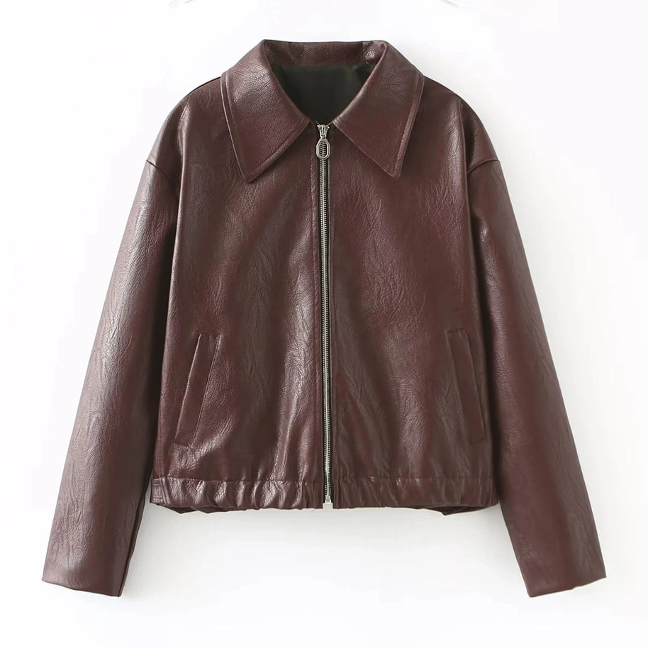 Damen elegante Kunstlederjacke im modernen Design mit praktischem Reißverschluss WW