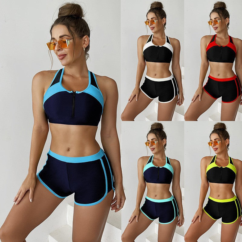 Damen Sportliche Bikinioberteil mit Reißverschluss und Shorts WW