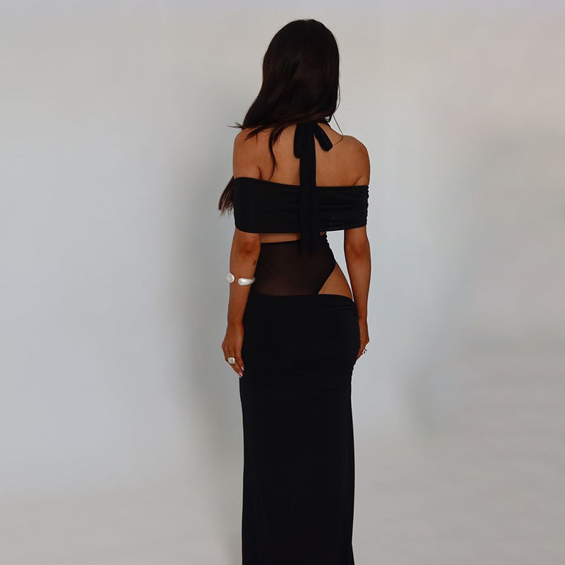 Damen Cocktailkleid mit schulterfreiem Design und raffiniertem Netz-Einsatz W&W Mode