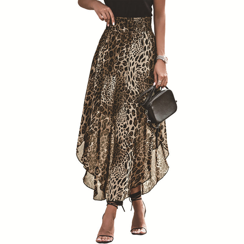 Damen eleganter Maxirock mit asymmetrischem Saum und tierischem Leopardenmuster WW