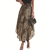 Damen eleganter Maxirock mit asymmetrischem Saum und tierischem Leopardenmuster WW