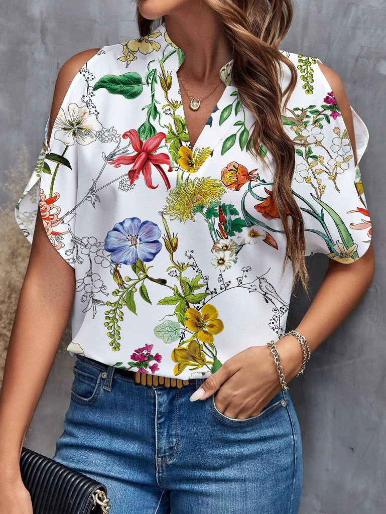 Damen Trendy Bluse mit Cut-Out-Ärmeln und floralem Muster WW